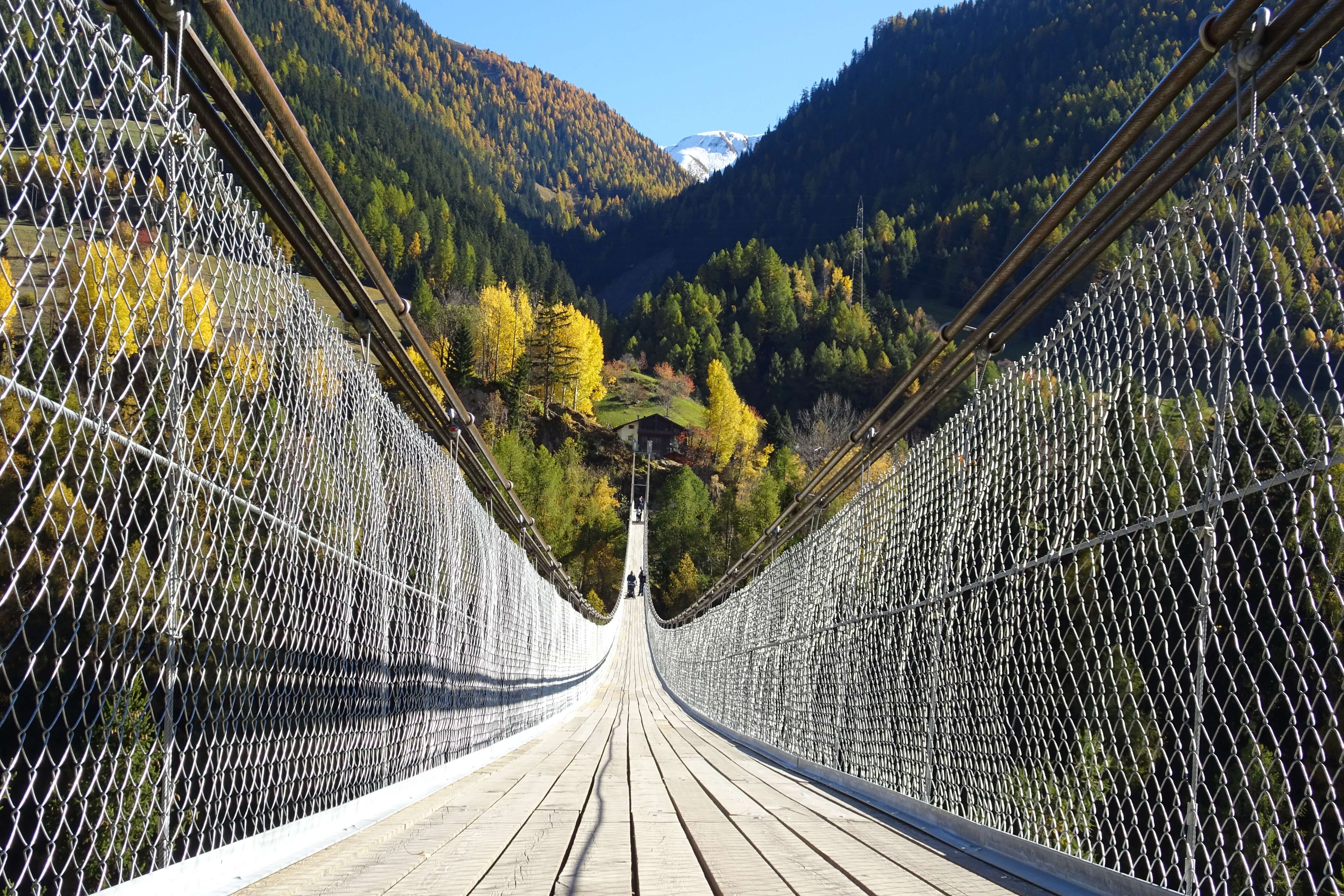 Uitzicht over de houten hangbrug met herfstbossen en bergen in de Goms-vallei, Aletsch Arena, Wallis